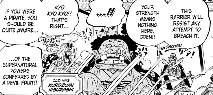 Oden can hurt Kaido but can't scratch barrier of Bari Bari no Mi owner
